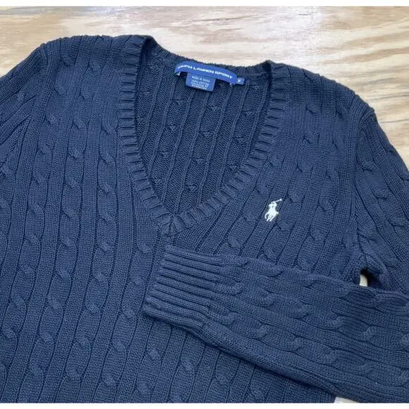 Polo Ralph Lauren Sport Cable Knit Sweater V Neck Women’s Medium Black Preppy - Picture 4 of 8